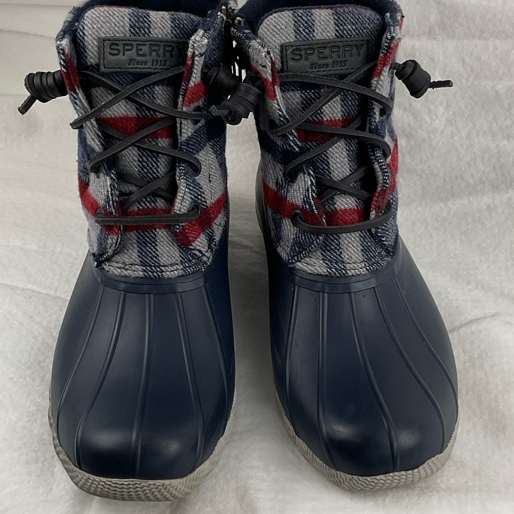 Sperry Saltwater Techwave‎ Duck Navy and Red Plaid Wool Women’s Boots Sz 6.5